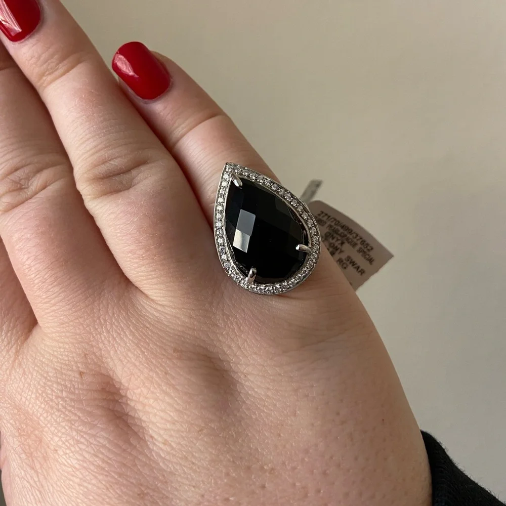 Pear Cut Onyx Cocktail Ring Sterling Silver, size 7